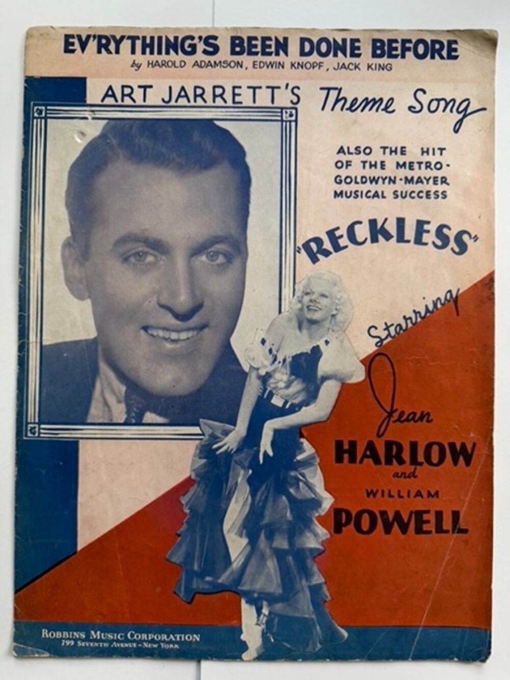 1935 Jean Harlow Reckless Sheet Music William Powell, Red Dust, Dinner at Eight